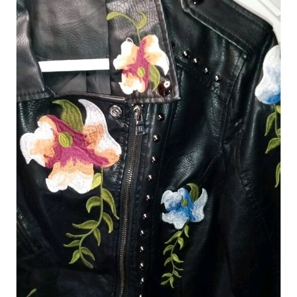VINTAGE Women's Leather Motorcycle Jacket Med Black Floral Embroidered Zip-Up - Picture 5 of 10